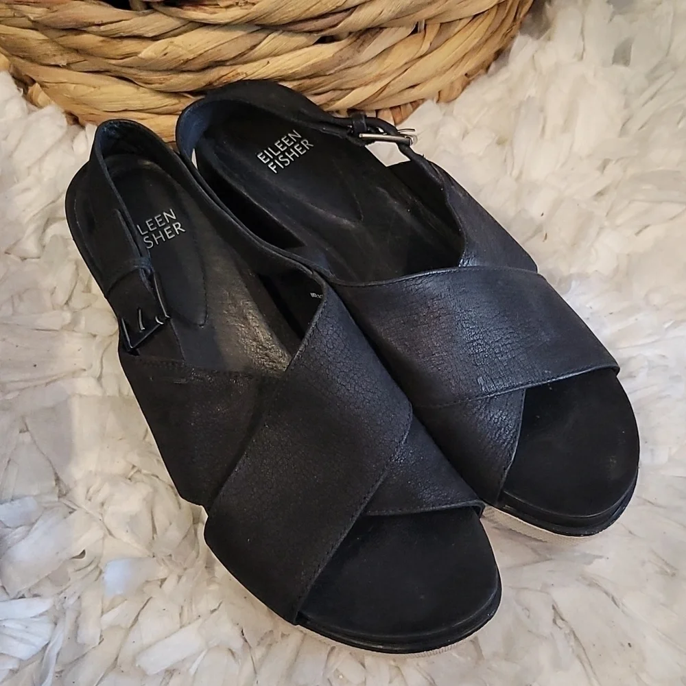 Eileen fisher Criss Cross Tumbled Leather Wedges Slingback Summer Shoes Size 8
